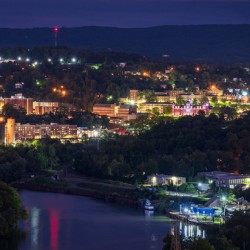 Downtown campus of West Virginia university at nightfall