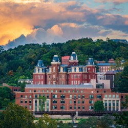 Brooks Hall and Woodburn Hall at sunset in Morgantown WV