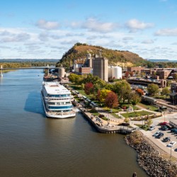 Aerial view of Red Wing Minnesota with river cruise boat