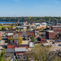 Wide panorama of the city of Dubuque in Iowa from funicular rail