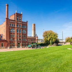 Historic Dubuque Star Brewery alongside Mississippi river