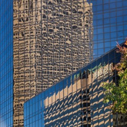 Complex reflections of a modern skyscrapers in St Louis office b