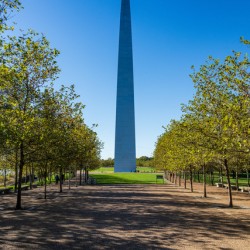 Unusual view of St Louis and Gateway Arch from National Park