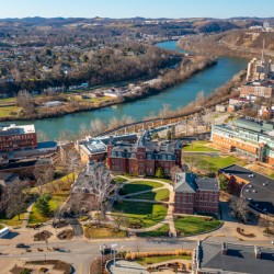 Aerial drone panorama of Woodburn Hall at WVU