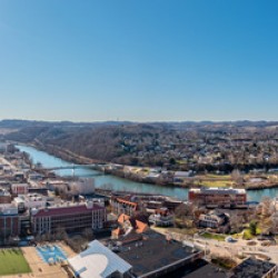 Aerial drone panorama of the downtown and university in Morgantown West Virginia