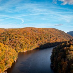 Autumn view of the Cheat river entering the lake in Morgantown WV