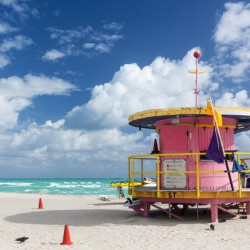 Round pink lifeguard station on Miami beach