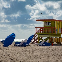 Yellow and green lifeguard station on Miami beach