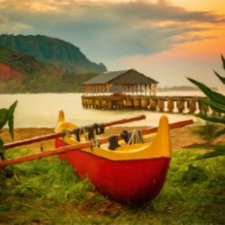 Painting of Hawaiian canoe by Hanalei Pier