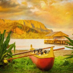 Painting of Hawaiian canoe by Hanalei Pier