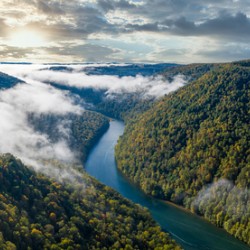 Panorama of gorge of the Cheat River upstream in the fall