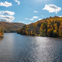 Panorama of the Cheat river entering the lake