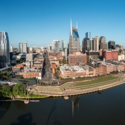 Panoramic skyline of Nashville in Tennessee from aerial drone