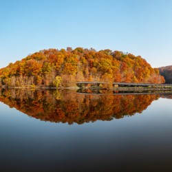 Perfect reflection of autumn leaves in Cheat Lake