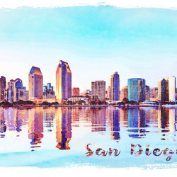 Watercolor painting of San Diego Skyline at sunset from Coronado