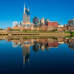 Skyline of Nashville in Tennessee with Cumberland River