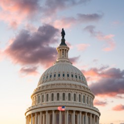 Flag flies in front of Capitol in DC at sunrise