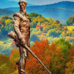 WVU Mountaineer statue painting in the fall in West Virginia