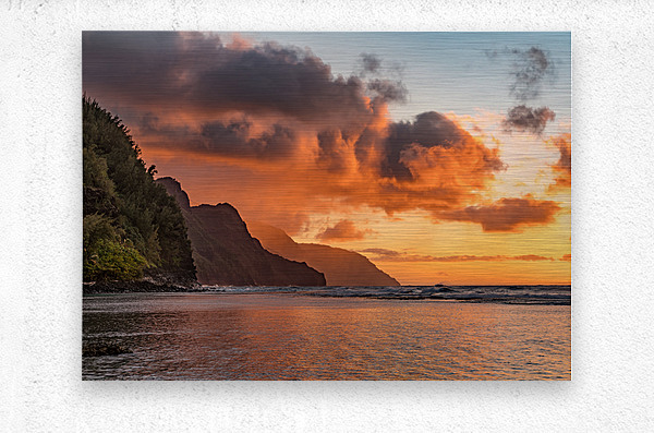 Sunset over the receding mountains of the Na Pali coast of Kauai in Hawaii  Metal print