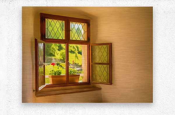 Window and seat in old castle in Slovenia  Metal print