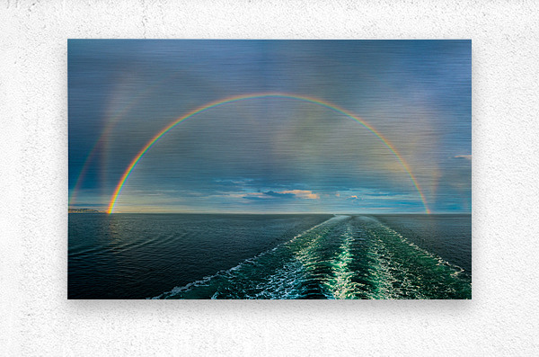 Dramatic double rainbow over wake of ship  Metal print