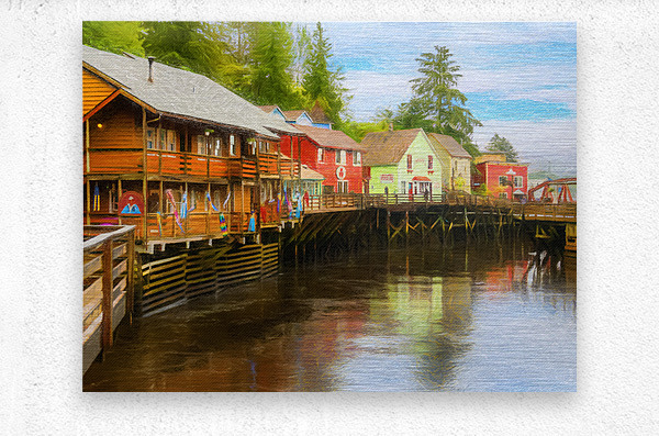 Painting of Creek Street wharf in Ketchikan Alaska  Metal print
