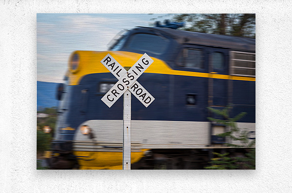 Diesel engine with railroad crossing sign  Metal print