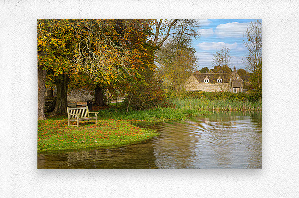 Seat overlooking deep ford in Shilton Oxford  Metal print