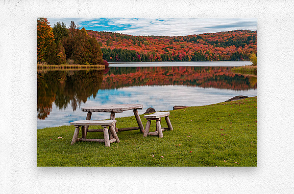 Wooden table and stools by Silver Lake Vermont  Metal print