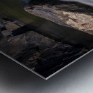 Pebbles balanced on rocks in raging river illustrating resilienc Metal print