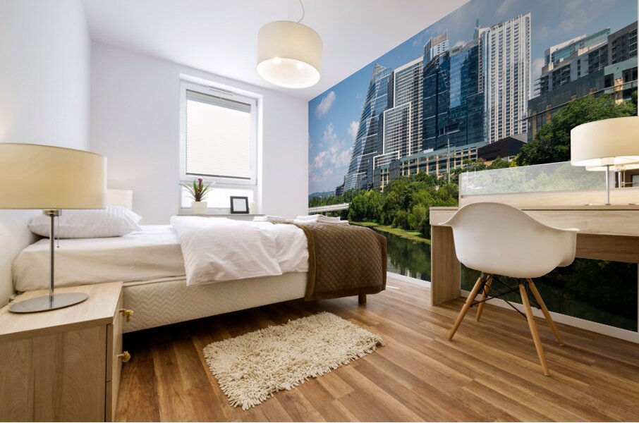 Cityscape of apartments in Austin Texas across Lady Bird Lake Mural print