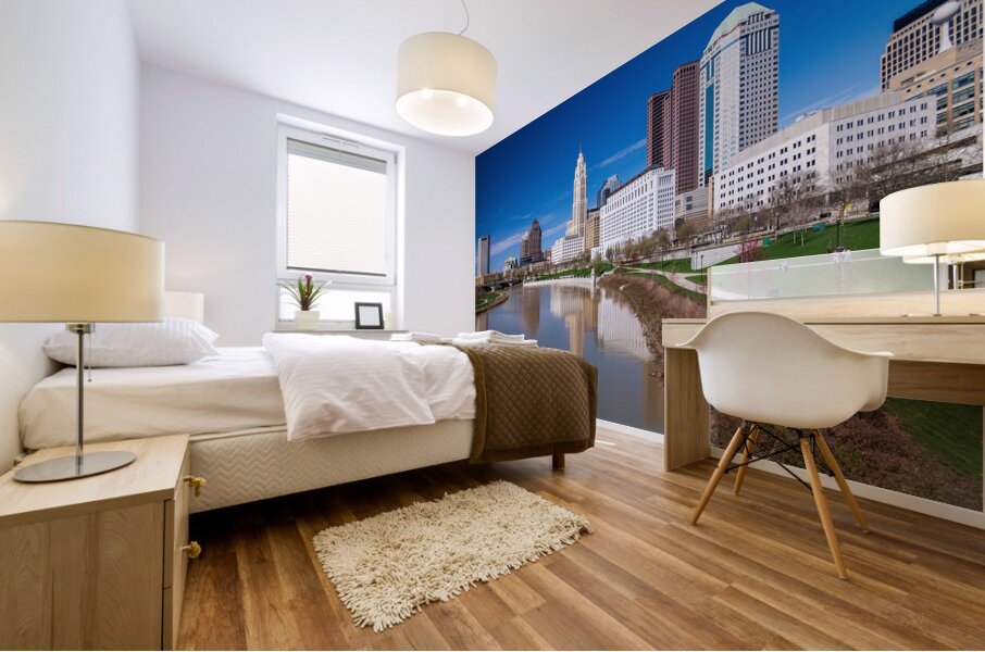 Columbus Ohio waterfront skyline after flood on river scioto Mural print