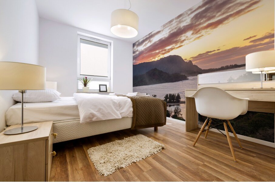 Dramatic aerial view of sunset over Hanalei Bay landscape Mural print