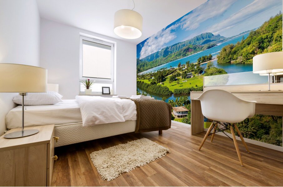 Aerial view of Hanalei Bays verdant landscape blue sky Mural print