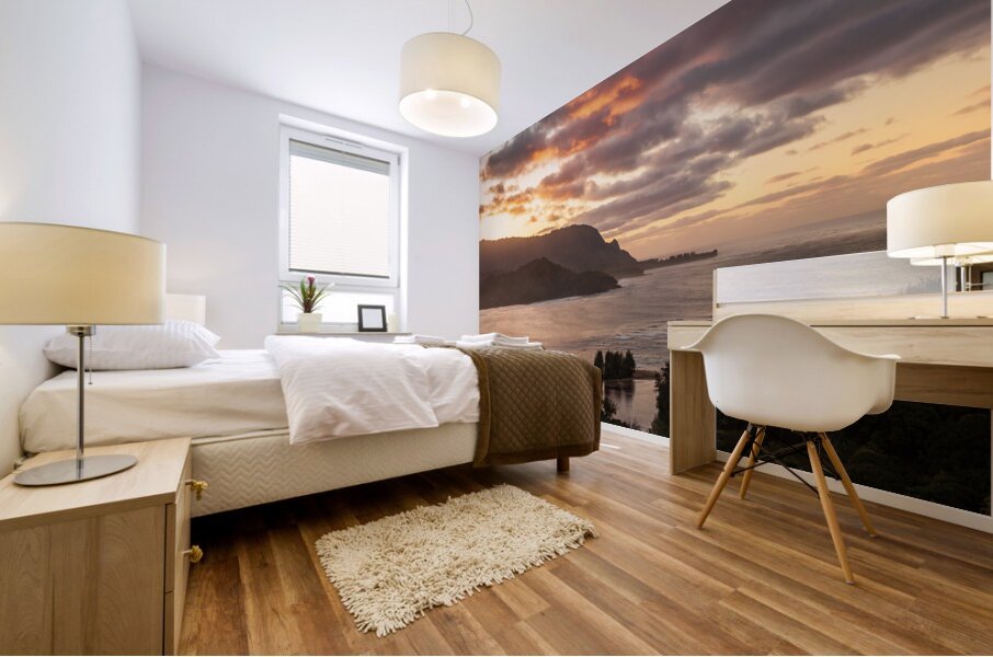 Breathtaking aerial view of sunset over Hanalei Bay landscape Mural print