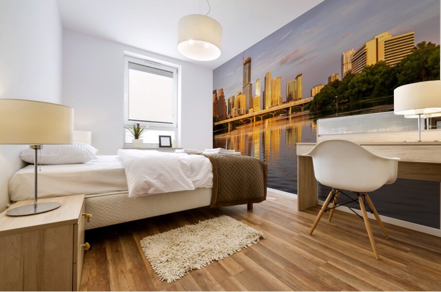 Waterline dominates city skyline of Austin Texas at sunset in 20 Mural print