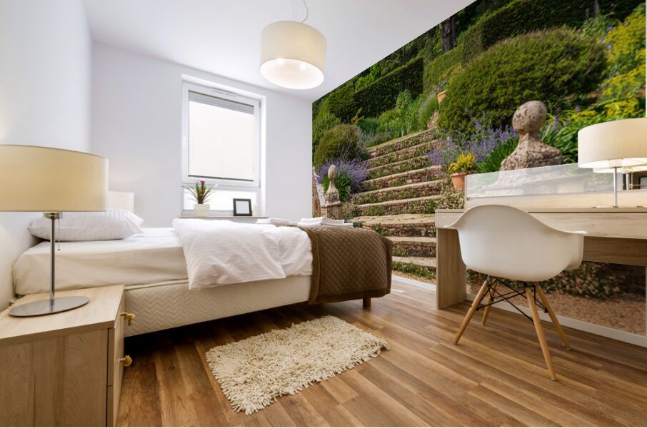 Stone steps into a hedged flower garden on the Isle of Wight Mural print