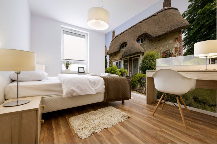 Pair of cute thatched cottages on hill in Godshill on the Isle o Mural print