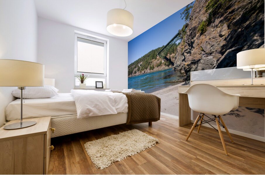 Turbulent water of Deception Pass under historic cantilevered br Mural print