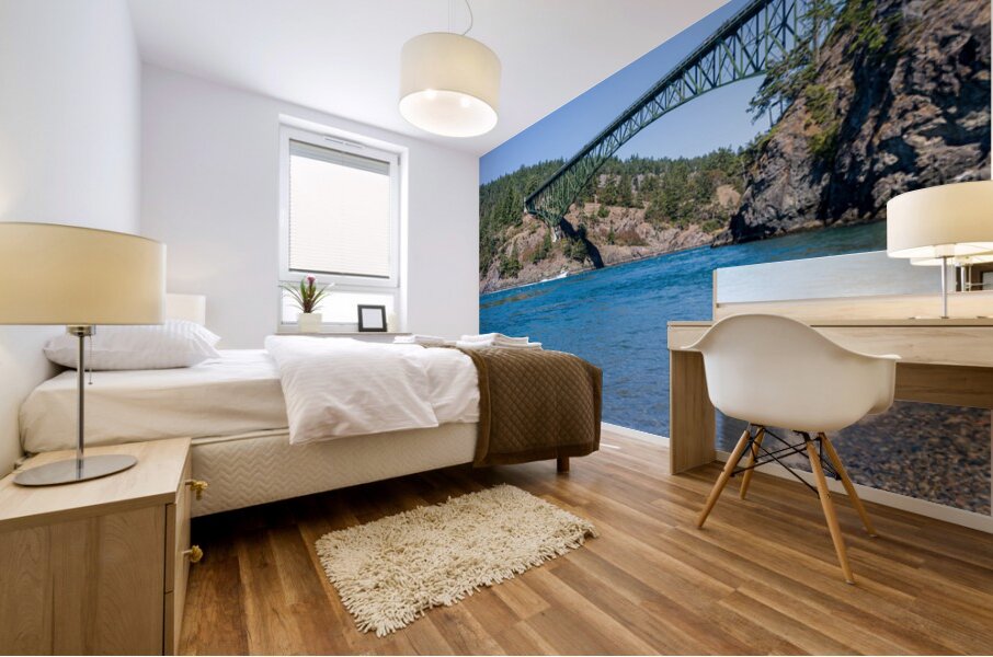 Turbulent water of Deception Pass under historic cantilevered br Mural print