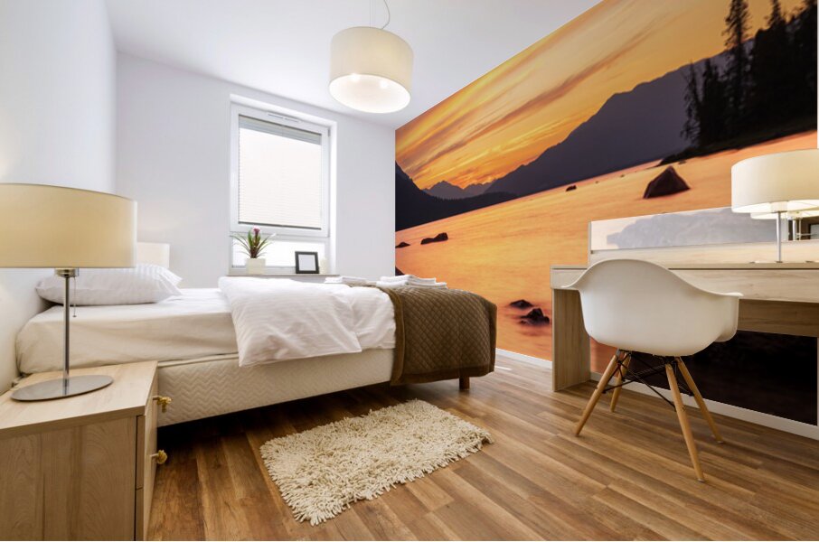 Vibrant sunset over Lake Wenatchee in the Cascade Mountains WA Mural print