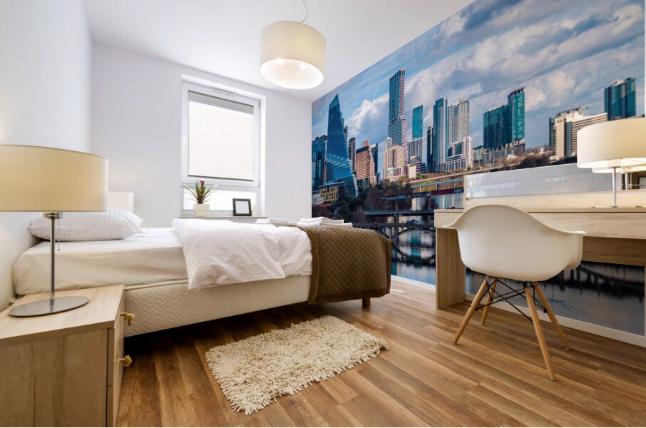 Close Up of Austin Skyline with the Sail Building and River Brid Mural print