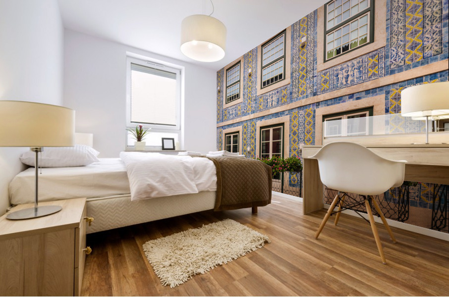 Traditional ceramic tiles decorate house in Lisbon Mural print