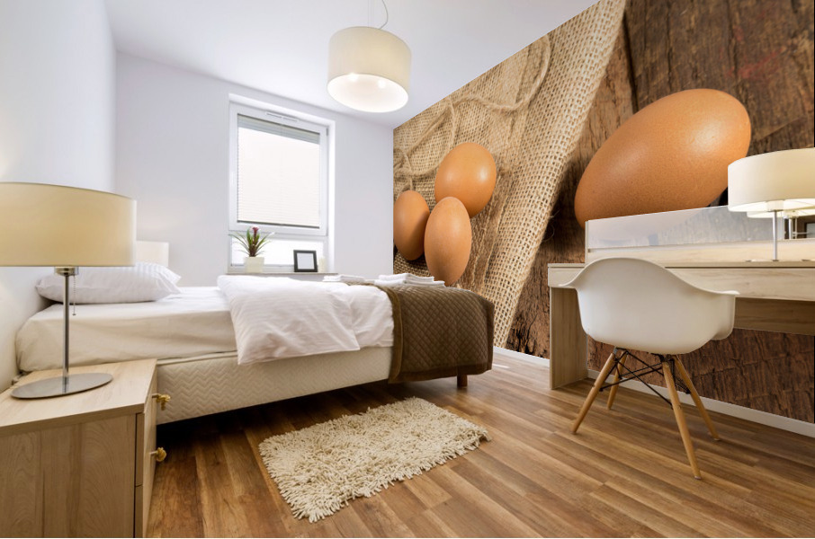 Freshly laid organic eggs on wooden bench Mural print