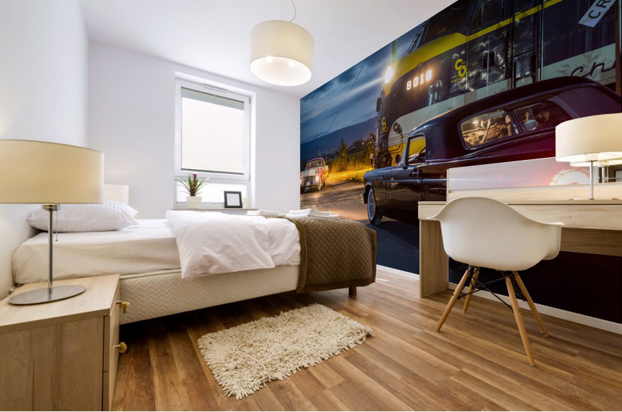 Two vintage cars racing to railroad crossing Mural print