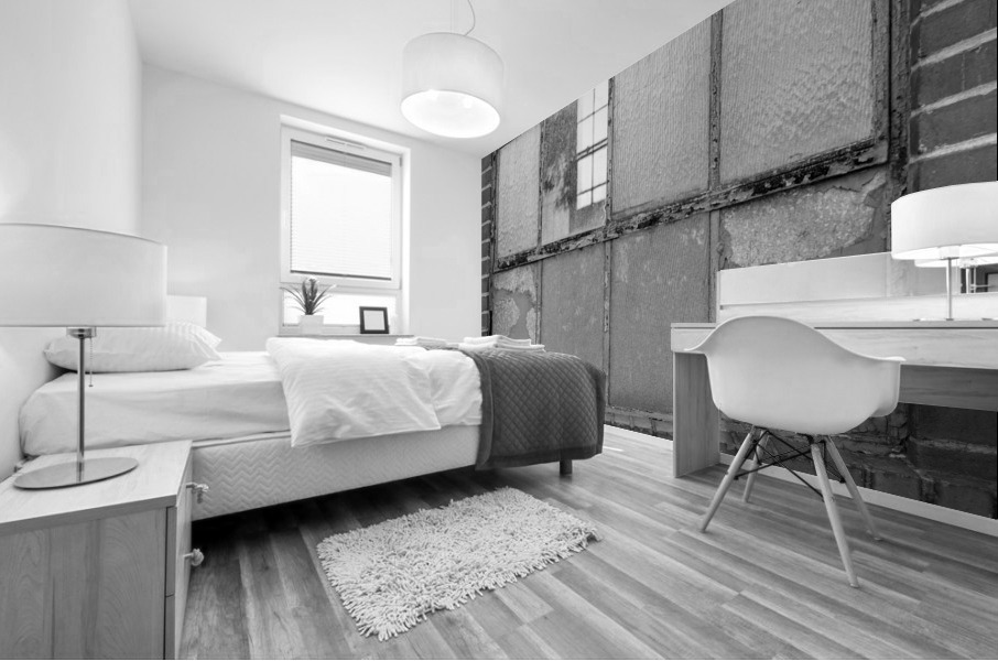 Old rusty window in warehouse in black and white Mural print