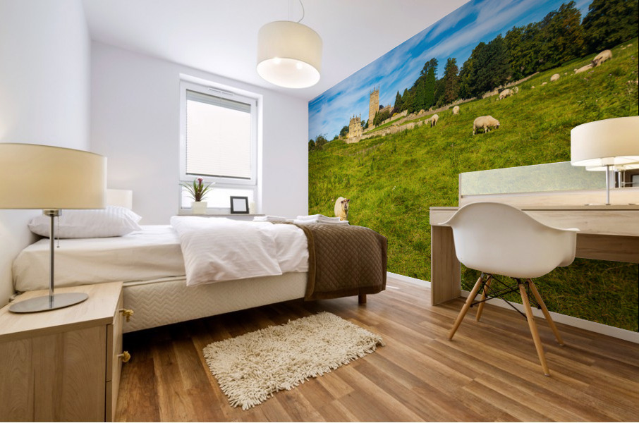 Church St James across sheep in Chipping Campden Mural print