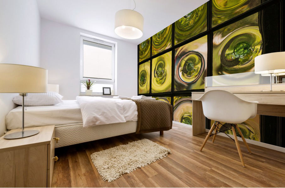 Window of old crown glass panes reflected garden Mural print