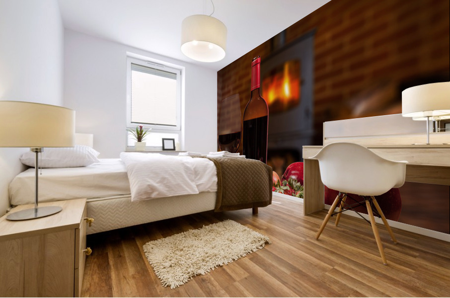 Red wine bottle and fruit with glass Mural print