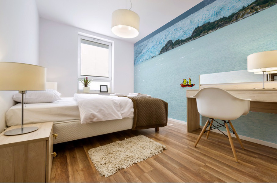 Small boat approaching Amalia Glacier to collect iceberg Mural print